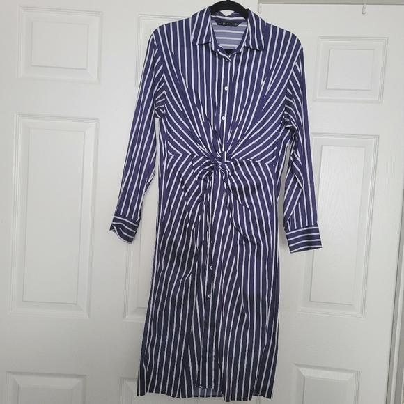 Zara Blue and White Striped Knotted Shirt Dress - Picture 1 of 5